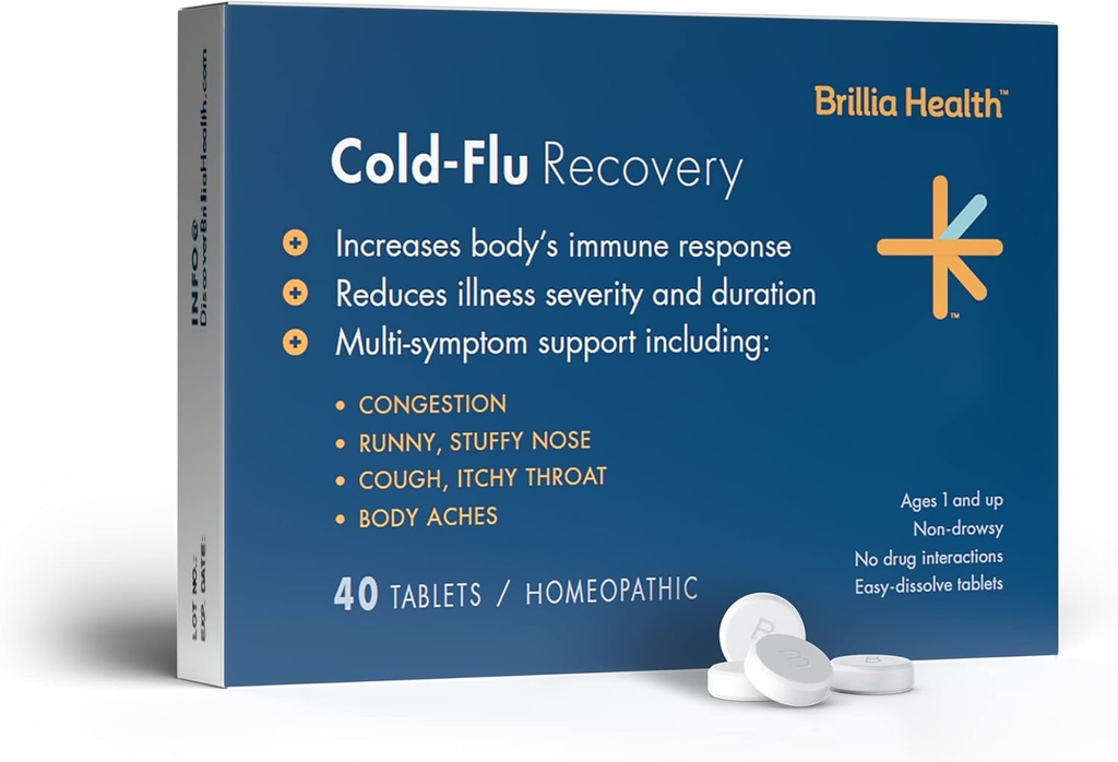 Brillia Kesehatan - Cold-Flu Pemulihan - 40 Tablet - Homeopathic Cold- Flu Relief - Menyediakan Clinically- Relief untuk Dingin, Flu & Batuk - untuk Dewasa & Anak