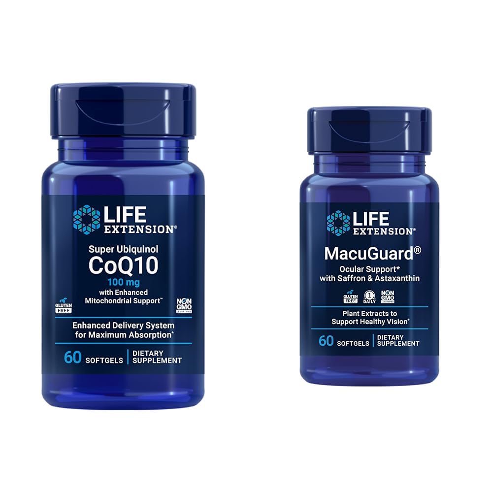 Ekstensi Hidup Super Ubiquinol CoQ10 Heart Health Energy 60 Softgels & Macuguard Ocular Dukung Lutein Safron Astaxanthin Eye Health Count
