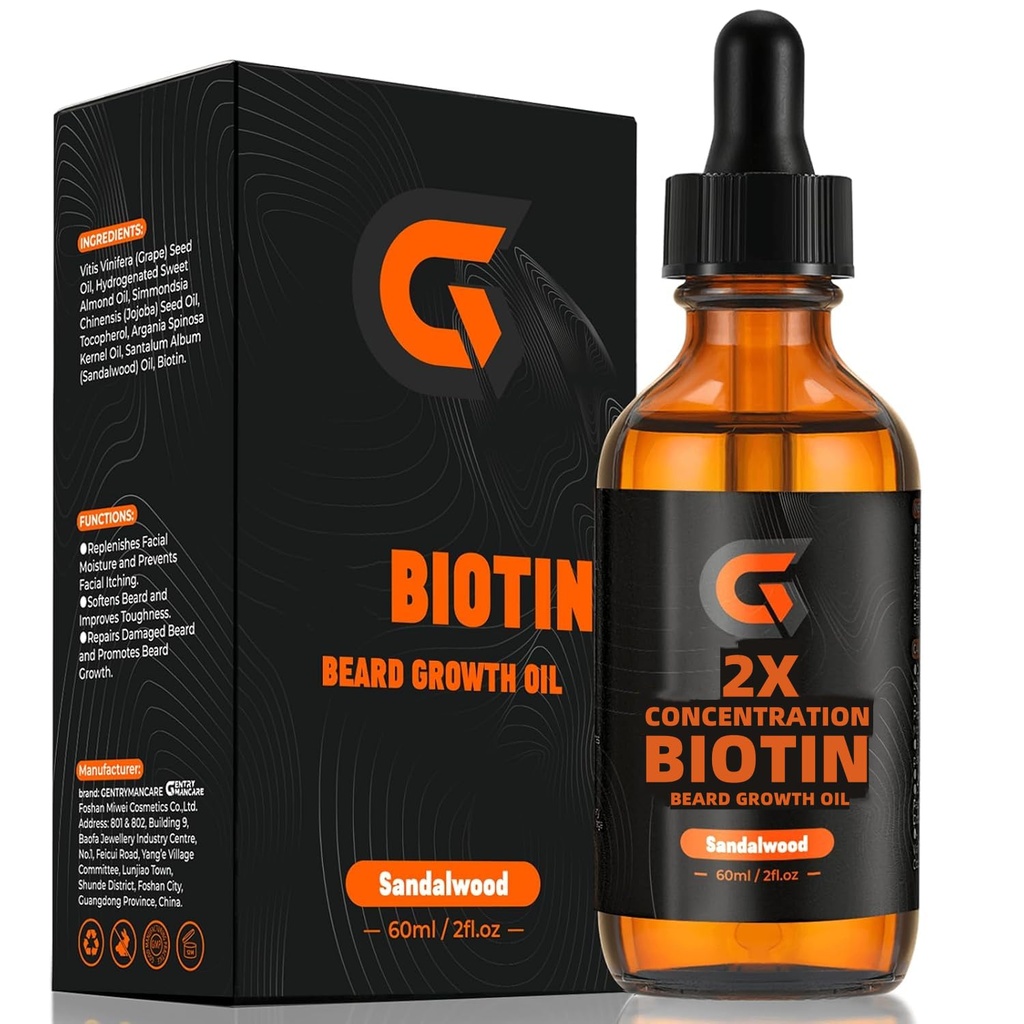 2X concentration Biotin Beard Growth Oil for Men - Leavein Conditioner & Softener - Moisturizes, Thickens, Strengthens & Promotes Factual Growth - Organic Argan & Jojoba Oil - 2fl. Oz