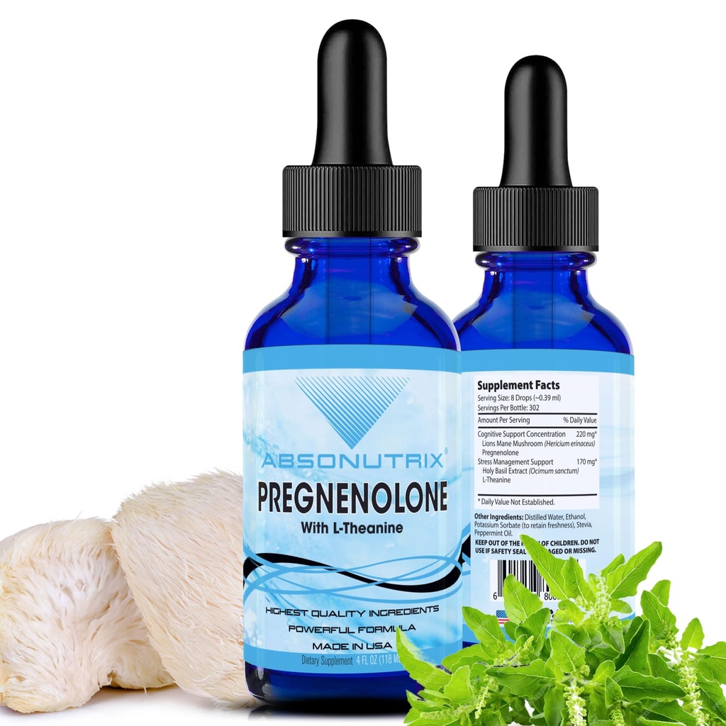Absonutrix Pregnenolone dengan L- Theanine Advanced Formula 390 mg, 4 Oz Liquid, 302 Servings, Dibuat di USA, Quick Absorpsi, Quality Power Ingregents, Non-GMO, GMP Disertifikasi Fasilitas