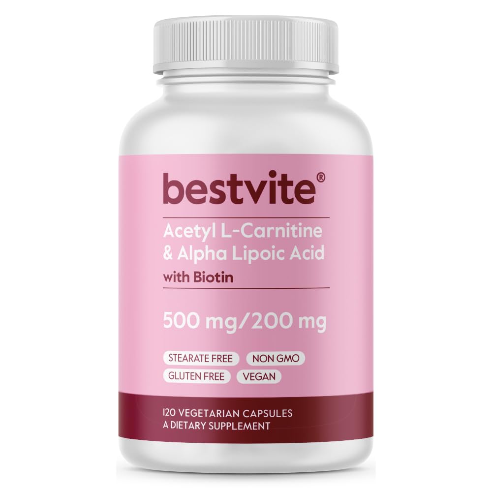 BESTVITE Acetyl L- Carnitine 500mg & Alpha Lipoic Acid 200mg per Capsule dengan Biotin (120 Vegetarian Capsules) - Vegan - Non GMO - Gluten Bebas