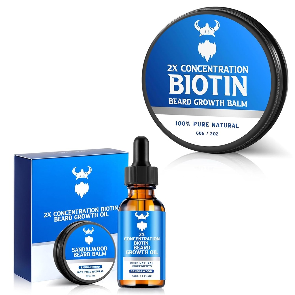 Beard Growth Oil dengan Biotin konsentrasi 2X untuk Pria dan Biotin Beard Balm untuk Pria & Conditioning Beard Wax, Hydrates & Thickens Factual Growth