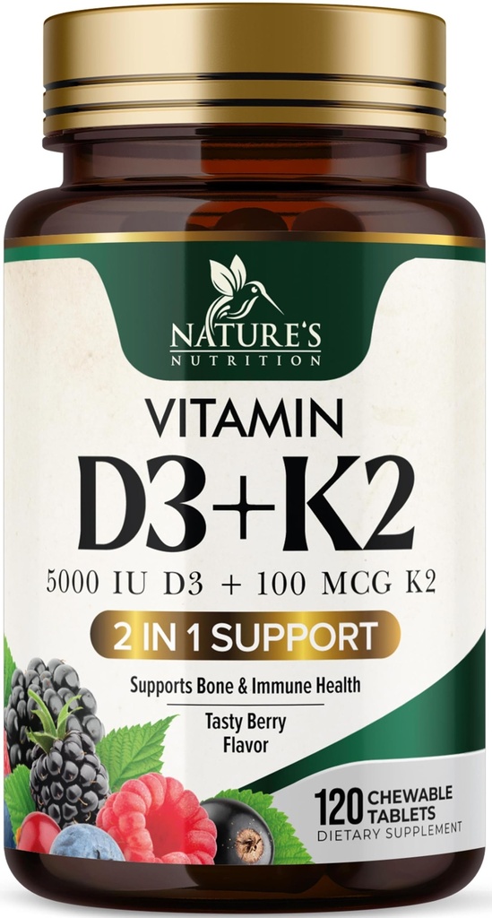 Vitamin D3 K2 Supplemen 124; 5000 IU D3 + K2 100 mcg 124; MK-7 K2 dengan Vitamin D 124; Mendukung Imune, Heart, Teeth & Bone Health - Alam 's Mudah Chew, VIT D3 K2, Non - GMO, Tasty Berry Flavor - 120 Tablet