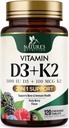 Vitamin D3 K2 Supplemen 124; 5000 IU D3 + K2 100 mcg 124; MK-7 K2 dengan Vitamin D 124; Mendukung Imune, Heart, Teeth & Bone Health - Alam 's Mudah Chew, VIT D3 K2, Non - GMO, Tasty Berry Flavor - 120 Tablet