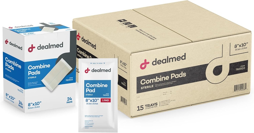 Dealmed Abdominal Combine Pads 8 "x10" (360- Case) Sterile Individually Wrapped, ABD Pads, Absorbend, Non Adherent for Wound Care, Drainage, Bantuan Pertama, 24 / Box (Kasus 15)