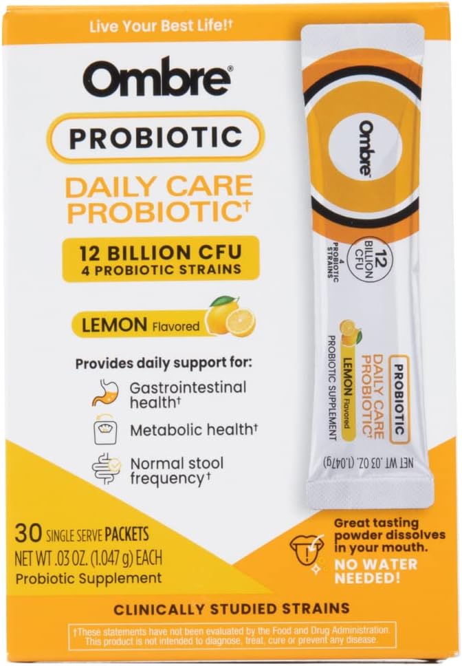 Ombre Daily Care Probiotic Powder - Pregition and Propoles for Women, Men, & Kids - Quick Dissoling Powder Promodes Health & Overall Wellness - 12 Million CFU - Lemon Flavor, 30 Paket