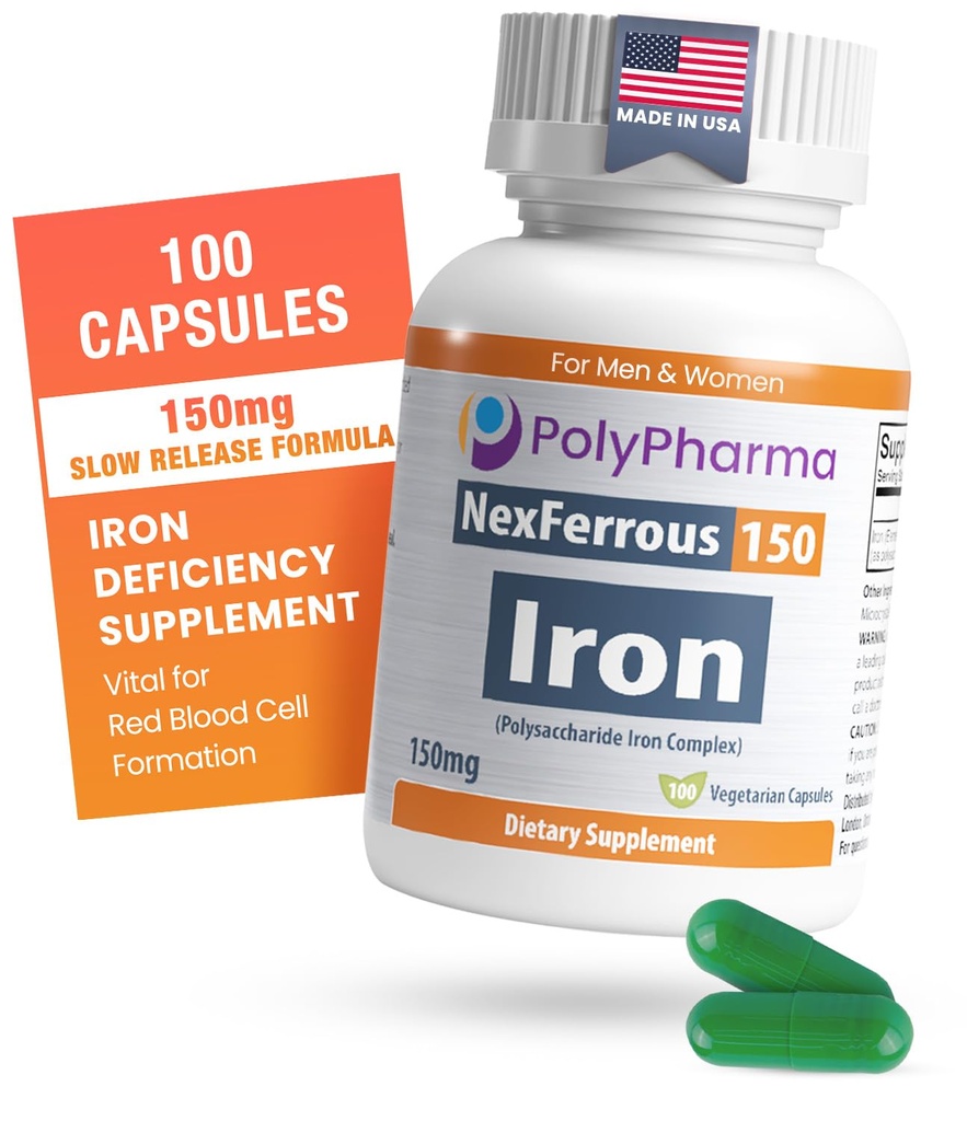Polysaccharde Iron Complex 150mg for Anemia Support - Prevention & Treatment of Iron Deficiency, Support Red Blood Cells Formasi, Gentle on The Stomach, High Potensi, USA- Made, 100 Kapsul
