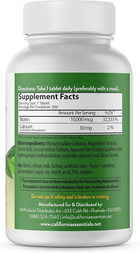 California Essentials Biotin 1000mcg 124; Vitamin B7 Promotes Sehat Skin, Rambut & Nail Growth 124; Tambahan Potency Dietary Suppplemen Pria & Women & Women 124; Nor-GMO, Gluten & Dairy Free (300 Tablet)