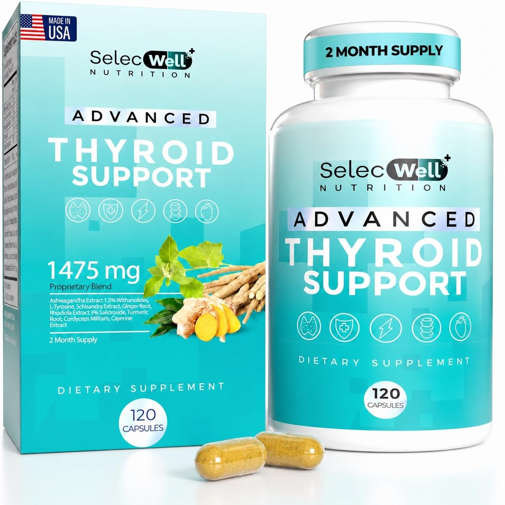 Dukungan Thyroid lanjutan, 2 Bulan Pasokan Energi, Fokus & Hormone Keseimbangan - dengan Iodin, Selenium, Ashwagandha & L- Tyrosine (Vegetarian, Non-GMO)