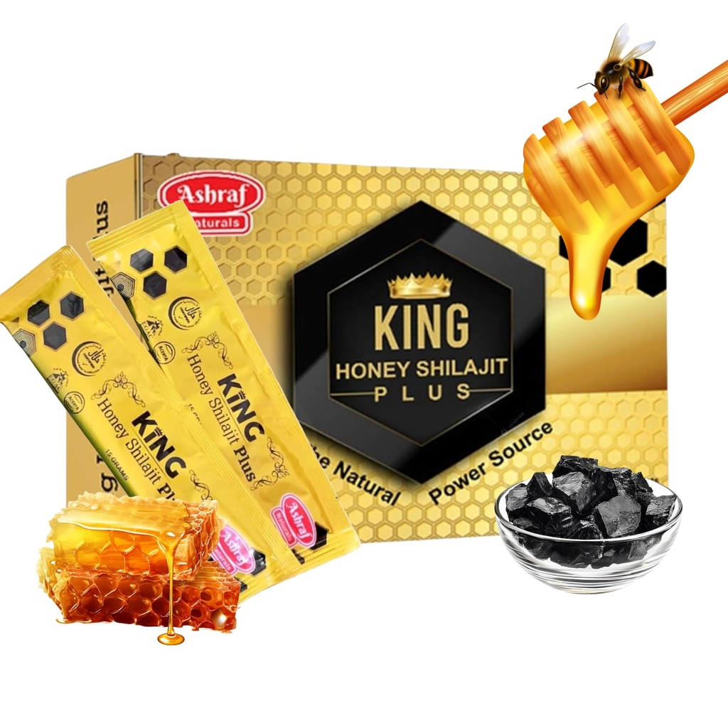 Ashraf Communals King Honey Shilajit Plus - Premium Honey & Himalaya Shilajit Blend with Herbal Extracts, Natural Energy & Vitalitas Dukungan, 15 Sachets x 15g