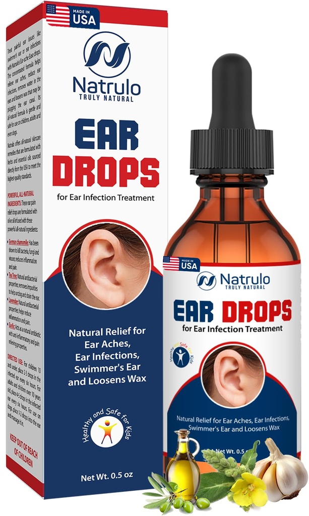 Natrulo Ear Drops for Ear Infection - Organic Ear Drops for Adult, Kids, Baby, Dog & Pets - for Ear Aches, Itchy Ears, Inflections, Swimmer 's Ear, & Loosen Wax - Kids Safe, Made in USA
