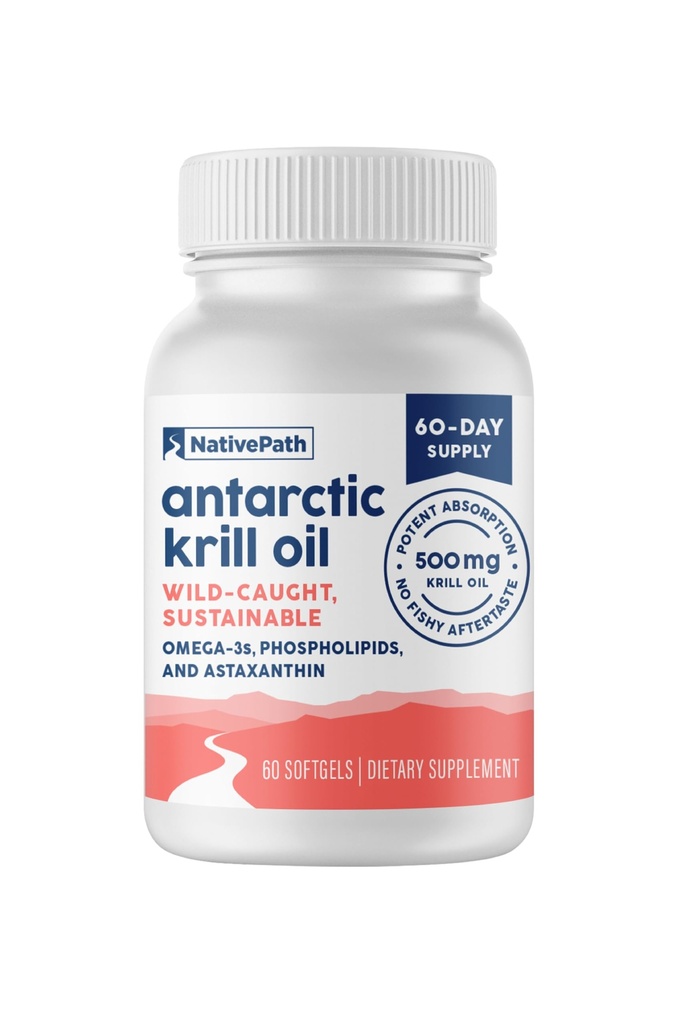NativePath Antarctic Krill Oil - Wild- Caught Omega 3 Krill Oil 500mg Softgels with EPA, DHA dan Astaxanthin - Tambahan untuk Gabungan, Hati, Otak dan Kekebasan - 60 ct
