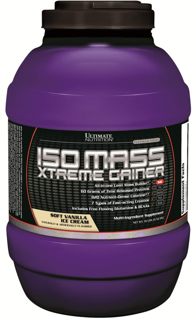 Ultimate Nutrition ISO Mass Xtreme Gainer, Weight Gainer Protein Powder dengan Creatine, 60 Grams of Protein, Whiy Isolate Protein Powder for Lean Muscle Gain, 10 LBS with 30 Servilla Ice Cream