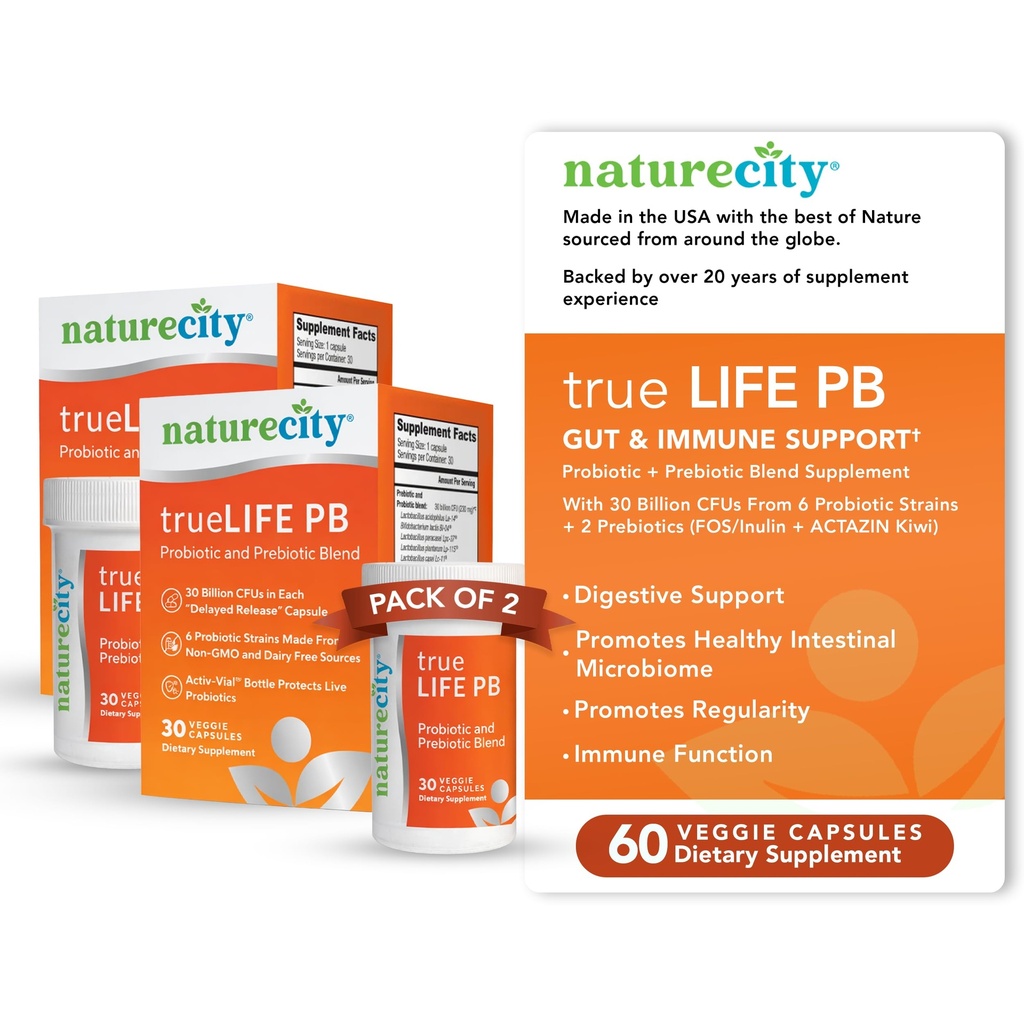 NaturreCity True- Life- PB Shelf Stable Blend Pretention and Propiness for Women and Men - Digetical Gut Health Suplemen Perempuan dan Pria - Rambut Bebas - (60 Vevgie Capsules)