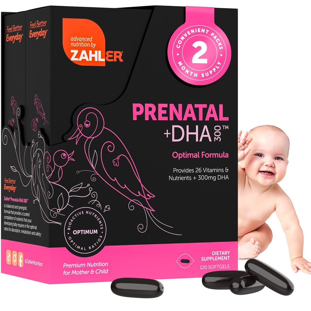 Zahler Prenatal Vitamin with DHA & Folate - DHA Suplemen & Prenatal Multivitamin for Mother and Child - Kosher Prenatal DHA Prenatal Vitamin with Iron, Pre Natal Softgels (120 Count (Paket 1)