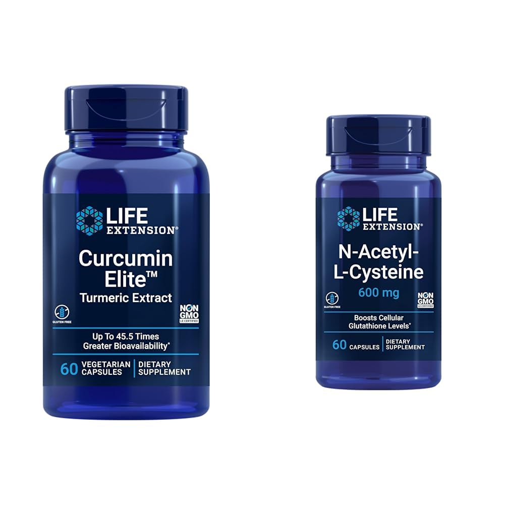 Curcumin Hidup Extension Elite Turmeric Extract & N-Acetyl- L- Cysteine (NAC), Imune, Respiratory, Kesehatan Hati, NAC 600 mg, Dukungan Powerantioksidant, Radikal Free-, Mudah Absorb, 60 Capsules