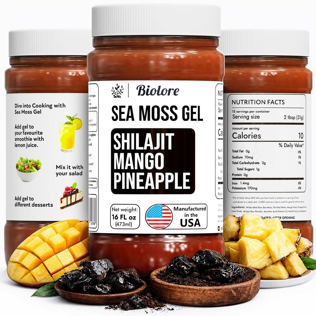 Biolore Wildwmade Sea Moss Gel dengan Shilajit - Mango Pineapple 16 oz - Flavored Sea Moss Gel dengan Estivenant Vitamin & Trace Mineral - Vegan Superfood - dibuat di USA, Gluten- Free, No Added Sugar