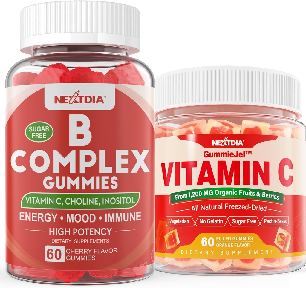 2 Pack Vitamin B Kompleks Gummies dengan 2000 mcg Metil B12, Metyl Folate + 1 Pack Whole Food Vitamin C Gummies