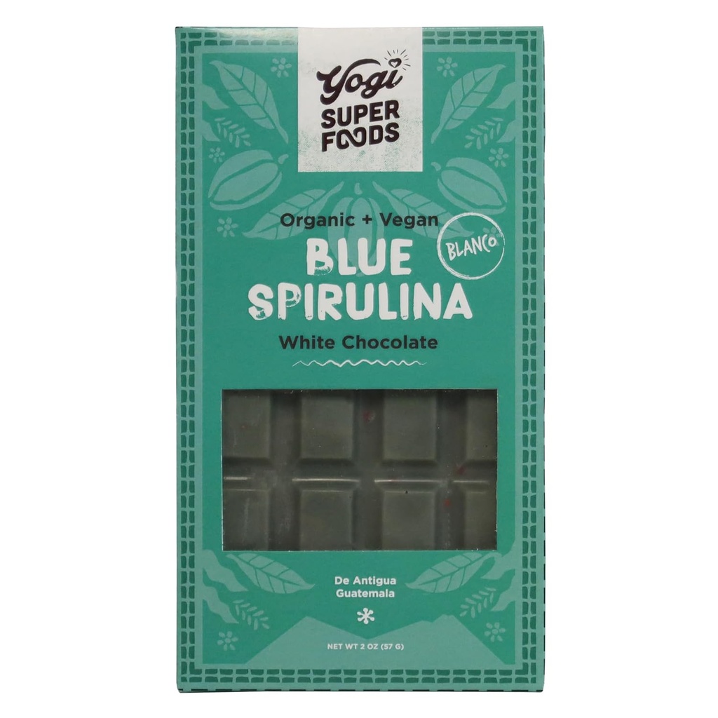 Yogi Super Foods Vegan Coklat Putih Blue Spirulina Bar, Healthy & Organic for Energy Boost terbuat dari Raw Cacao Butter, Gluten Free Oats, Dipermanis dengan Panela Sugar, Makadamia Nuts - 1 Bar