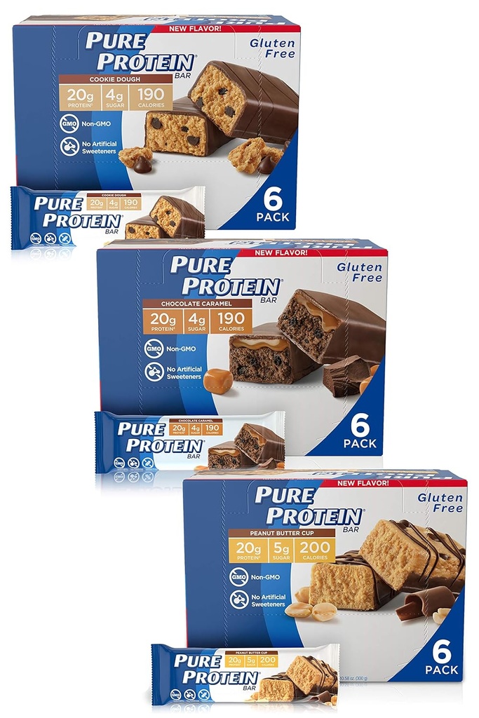 Murni Protein Bars, Protein Tinggi, Makanan Nutrisi untuk Mendukung Energi, Gula Rendah, Gluten Free, Guilt Free Variety Pack (Cookie Dough / Choc Caramel / Peanut Butter Cup), 1,76 oz, Paket 18