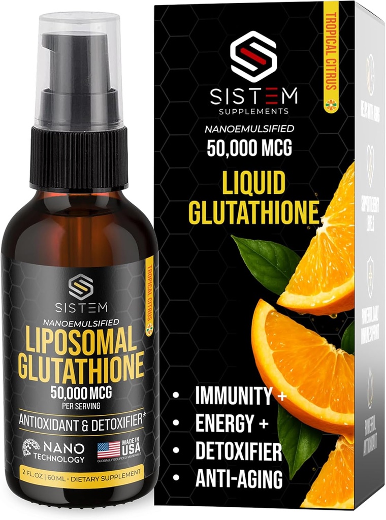 Sistim Lipomal Glutathione Suplemen, Antioksidan, Detox Cleanse, Suplemen Dukungan Imune, Vitamin C, Semprotan Lipomal, Glutathione Serum, Tropical Citrus Flavor