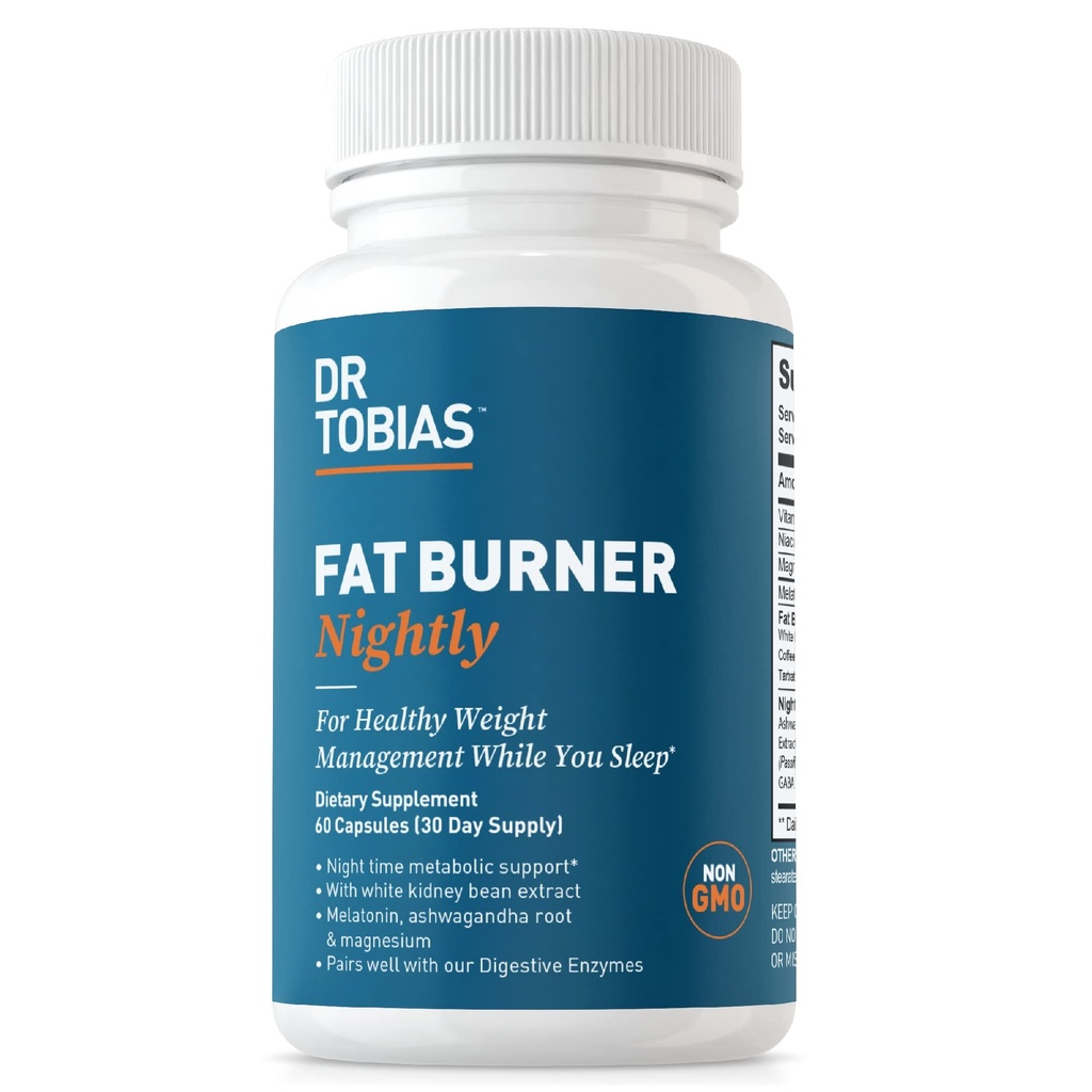 Dr. Tobias Fat Burner Nightly - Night Time Metabolic Support dengan White Kidney Bean Extract, Ashwagandha Root, Green Coffee Bean Extract & Melonalin 124- GMO (60 Capsules 30 Hari Supply)