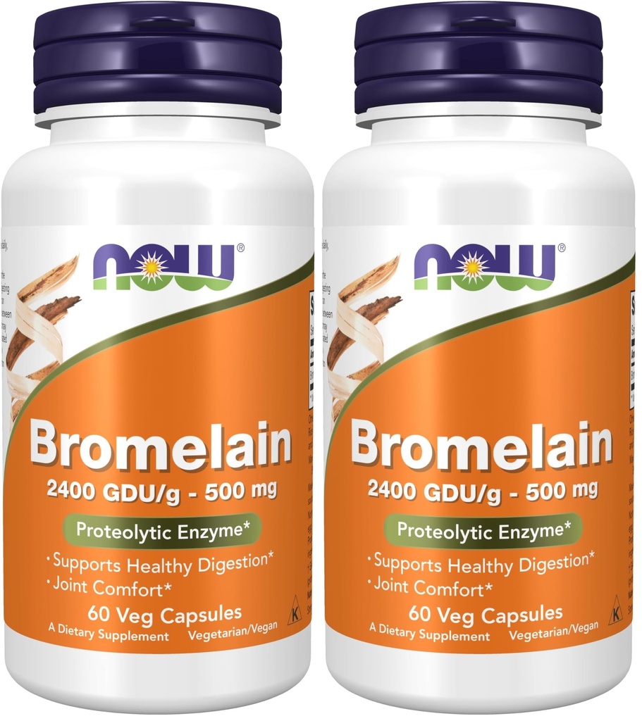 Suplemen NOW, Bromelain (Natural Proteolytic Enzyme) 2.400 GDU / g - 500 mg, Natural Protolytic Enzyme *, 60 Veg Capsules (Paket 2)