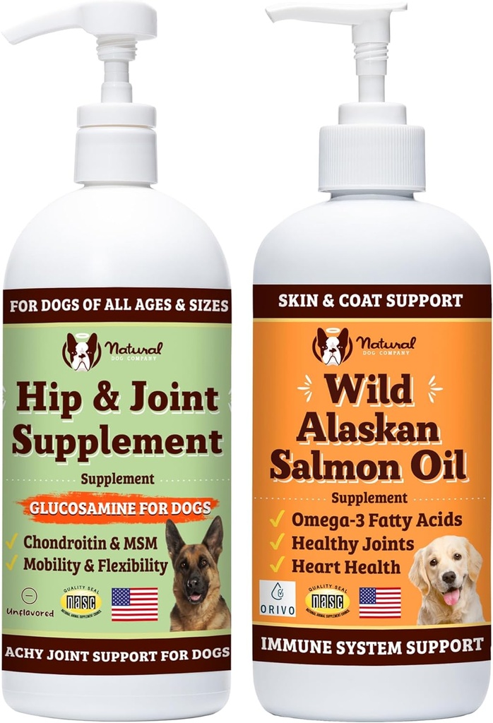 Perusahaan Anjing Alam 32 oz. Bundle with Wild Alaska Salmon Oil and Liquid Glucosamine for Dogs, Fish Oil Suplement, Joint and Hip Support