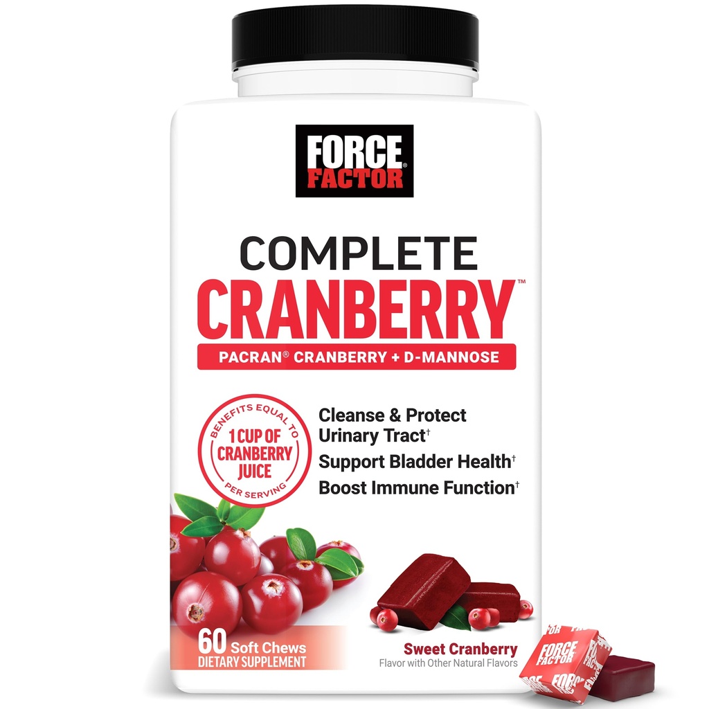 FORCE FacTOR Cranberry Soft Chews, Cranberry Suplemen dengan D Mannose dan Cranberry Extract untuk Mendukung Kesehatan BIdder dan Urinary Tract for Women, Vegan, Sweet Cranberry Flavor, 60 Soft Chews