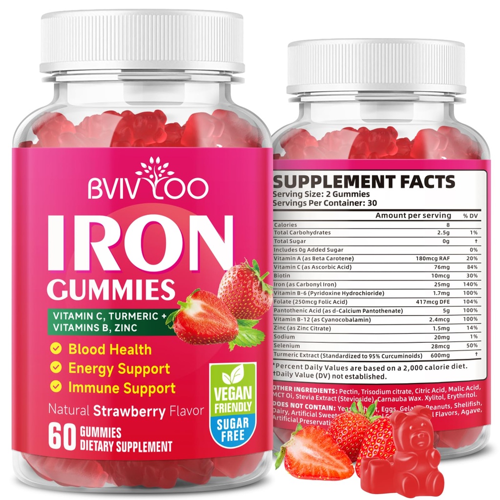 Vegan Iron Gummies untuk Orang Dewasa & Anak - dengan Vitamin C, A, B- Complex, Folate, Zinc, dan Biotin - untuk Pembangunan Darah & Energi Dukungan, 60 Gummies