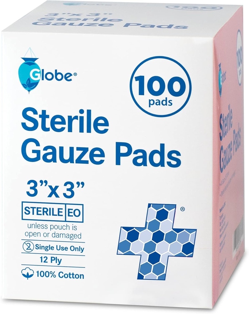 Globe 3 "x 3" Advanced Sterile Gauze Pads, 100- Pack Individually Packed - 12- Ply Cotton for Wound Care Dressing, SangatBandages for Home & Emergency Use
