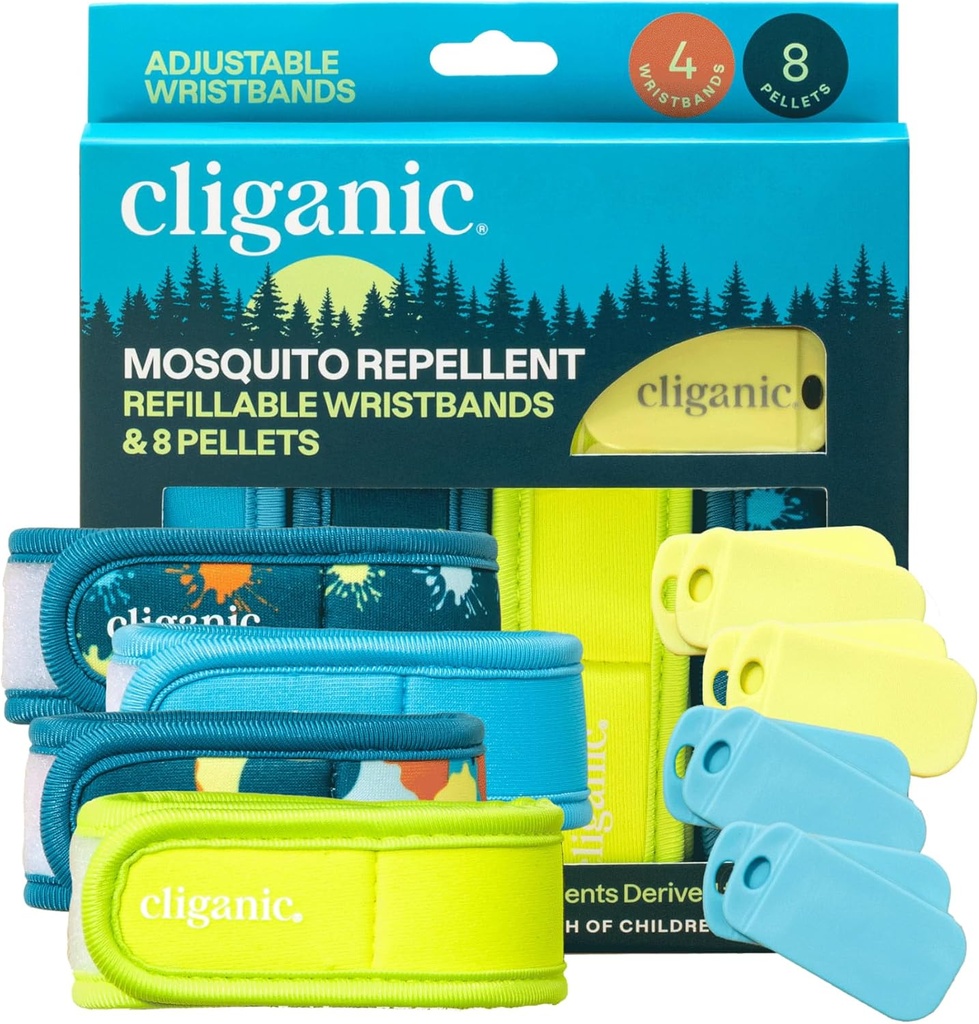 Cliganic Mosquito Repellent Pack (4 Wristrops + 8 Isi Pellets) - Adjustable, Natural DEET-Free, Estible Oil Infused