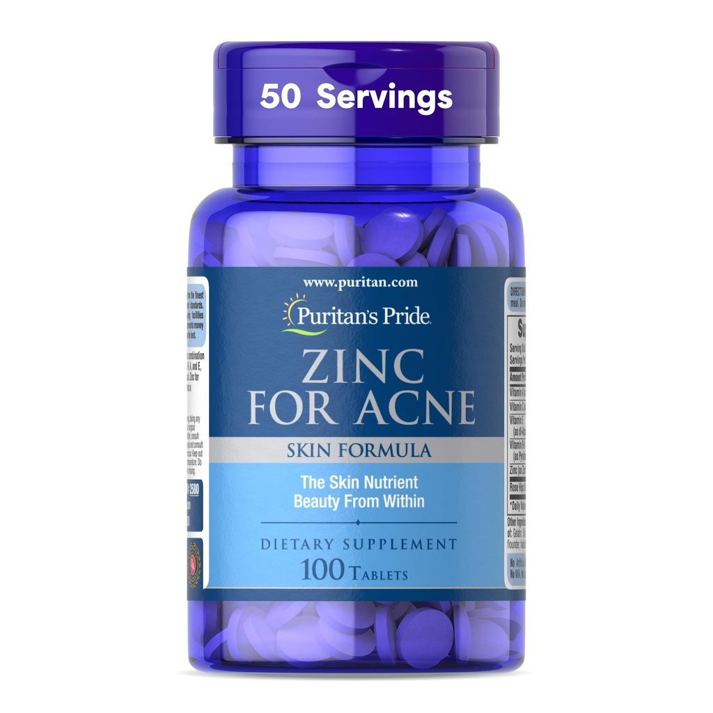 Puritan 's Pride Zinc for Acne Skin Formula dengan Vitamin C, B-6, A, dan E for Men and Women, Suplemen Dietary untuk Clear Heally Skin, Immune System, Divisi Sel dan Dukungan Pertumbuhan, 100 Tablet