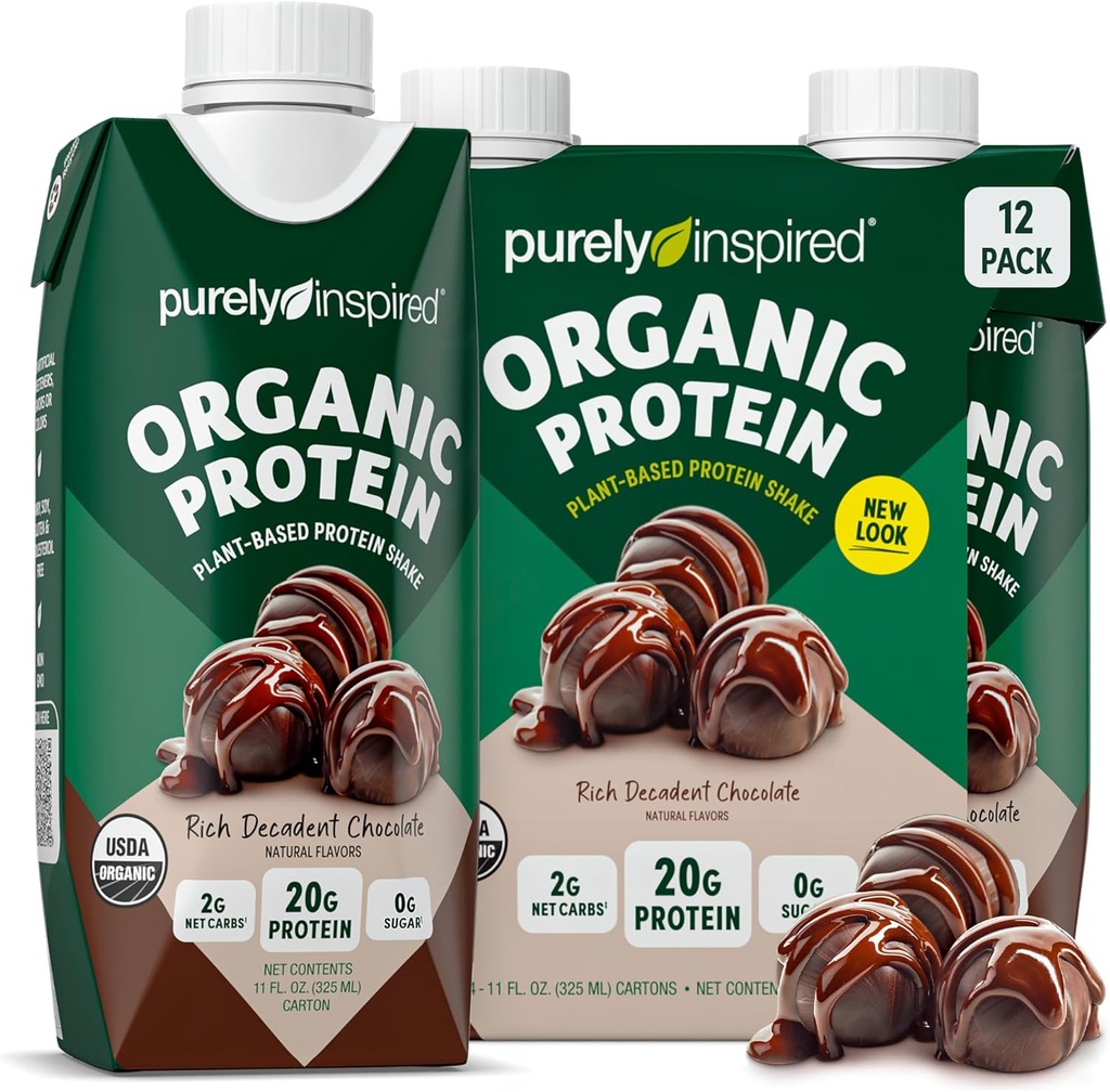 Murni Inspired Siap Minum Protein Organik Shake, Decadent Chocolate (12 Pack) - Tanaman berbasis RTD Pemandian Nutration Protein - Zero- Gula & Gluten- Free Meal Replacement Protein