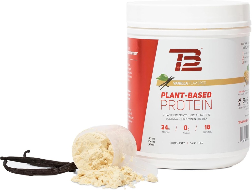 TB12 Plant Based Protein Powder, Sustained Pea Protein, Vanilla, Vegan, 1g Net Carb, Non-GMO, Dairy- Free, Sugar- Free (18 Pelayan / 1.26lbs)