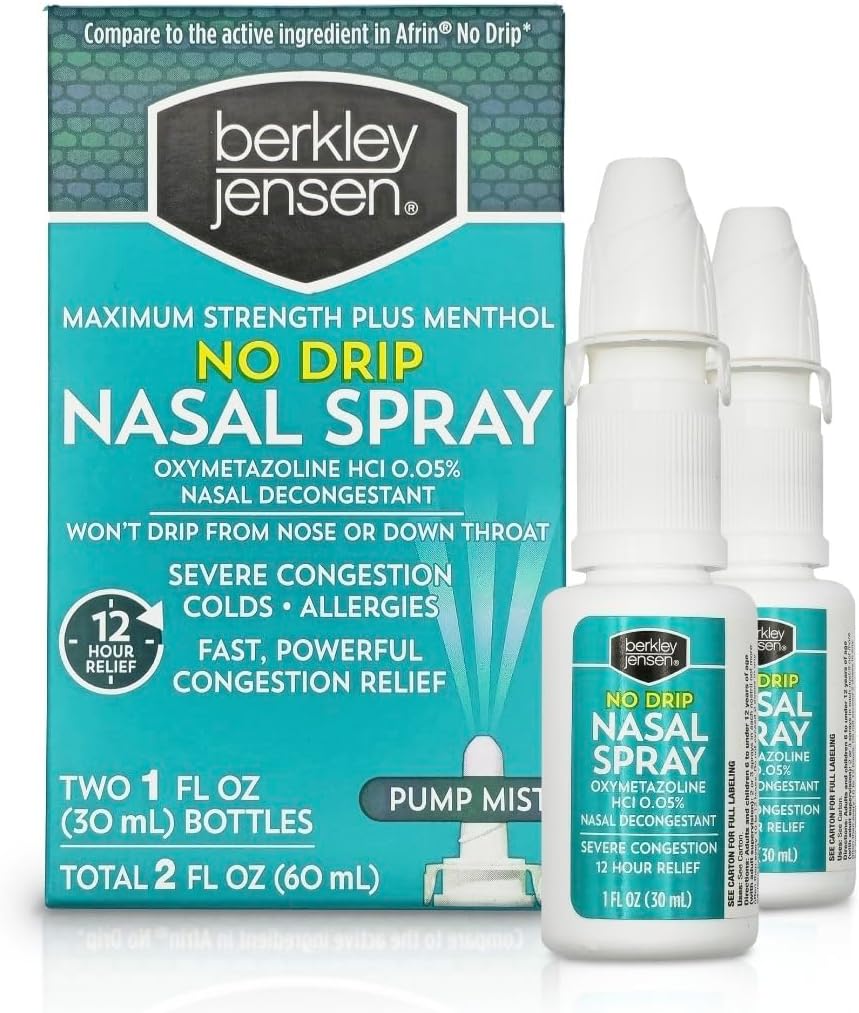 Berkley jensen No Drip Prasteral Nasal Spray - Maximum Power Deconongestan dengan Oxymetazoline HCl & Menthol - Pompa Mist Applicator, No Steroid, 12 Hour Relief, 1 Fluid Ounce (Paket 2)
