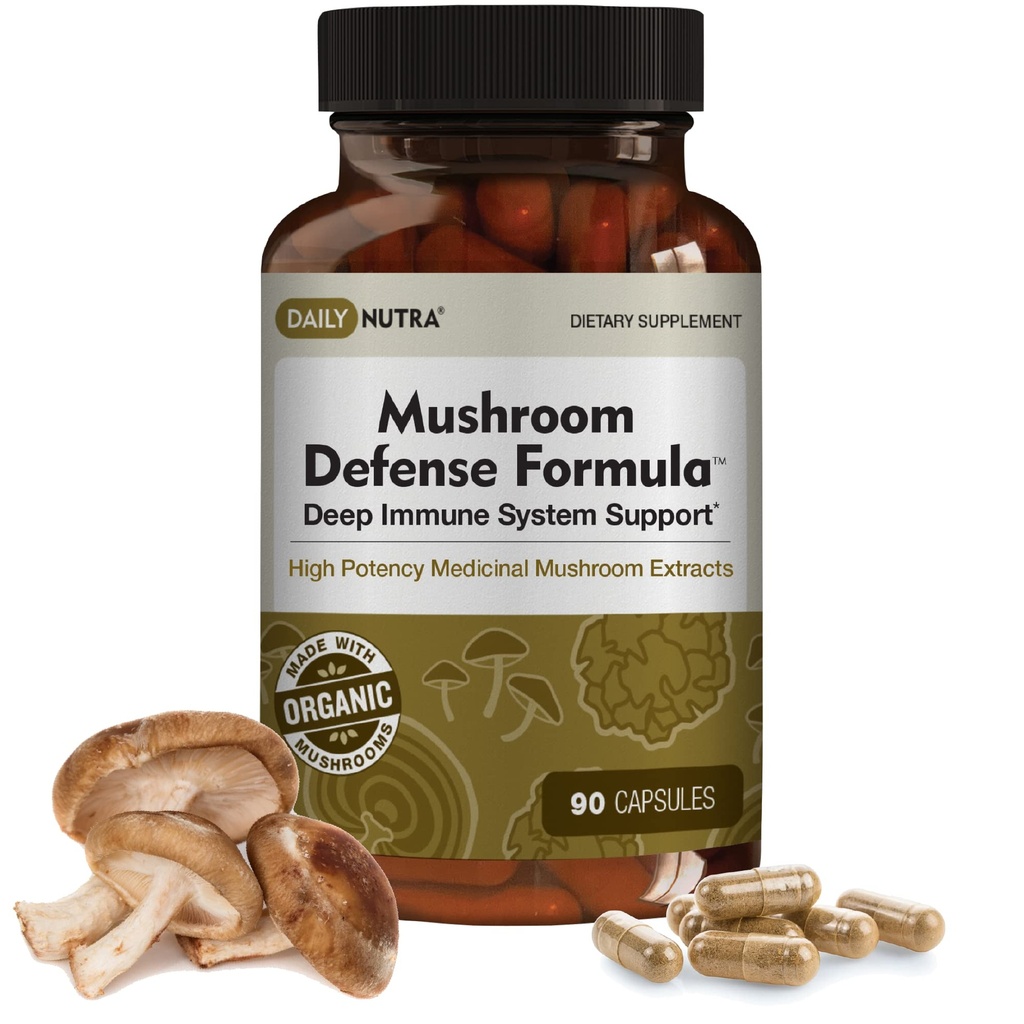 DailyNutra Mushroom Defense Formula - Suplemen Dukungan Imune: 124; Jamur Organik, Air Panas Diekstrak - Reishi, Chaga, Maitake, Tail & Turki (90 Capsules)