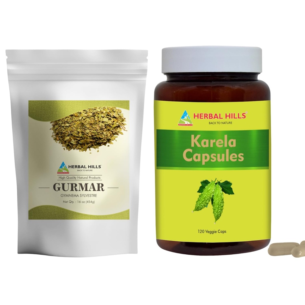 HERBAL HILLS Gurmar Tea Powder dan Karela Capsules Pack of 2 Combo