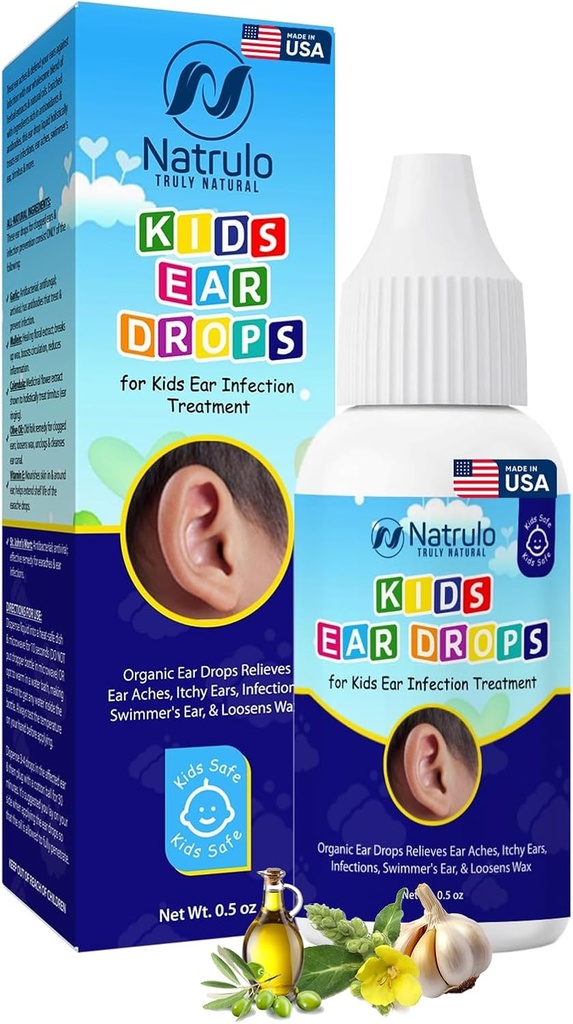 Natrulo Natural Ear Drops for Kids Ear Infeksi Treatment - Organic Children Ear Relieves Ear Aches, Itchy Ears, Infeksi, Ear Perenang, & Loosens Wax - Anak-anak Aman, dibuat di Amerika Serikat