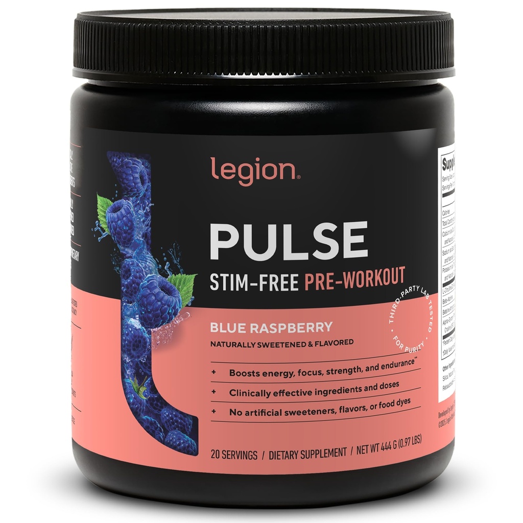 LEGION Pulse Pra Workout Suplemen - Semua Natural Nitric Oxide Preworkwork Minum untuk Boost Energy, Creatine Free, alami Sweetened, Beta Alanine, Citrulline, Alpha GPC (Caffeine Free Blue Razz)