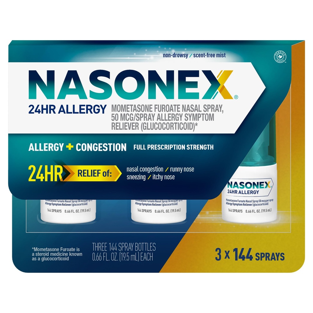Nasonex 24HR Allergy Nasal Spray, Non- Drowsy, Skenario - Free Mist, Allergy Symptoms + Nasal Contrable, Full Prescription Kekuatan, 120 Spray (3 Pack)