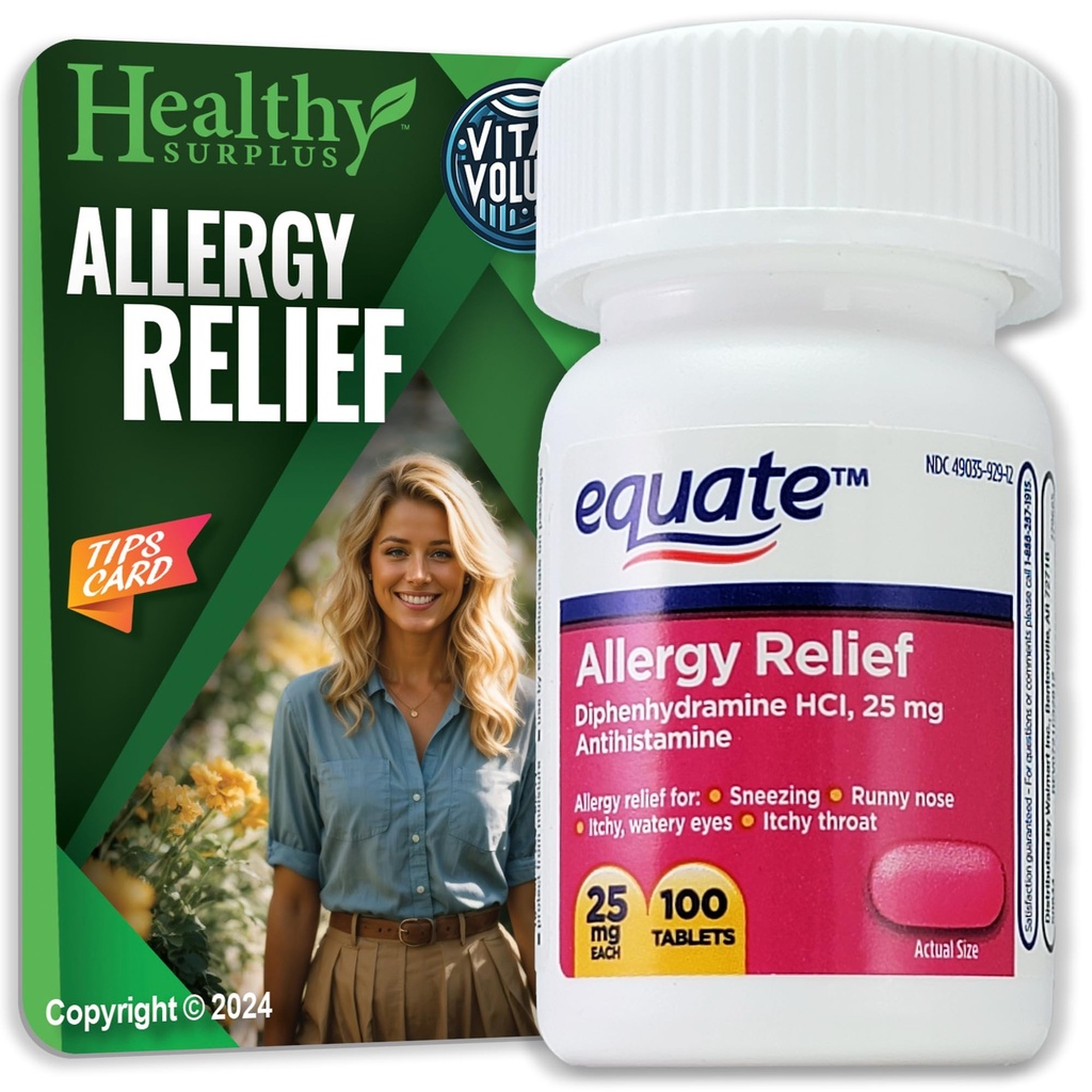 Sehat Surplus ® Volumes Tips Card & Equate Allergy Relief Diphenhydramine HCL, 25 mg 100 Tablets Bundle
