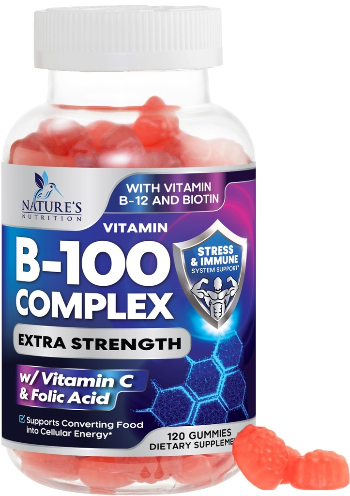 Kompleks Gummies B dengan Vitamin C & Folic Acid, Super Vitamin B Gummy Ekstra dengan Niasin, B6, Acid Folic, B12, Biotin, Support Imune Energi Alam - 120 Gummies