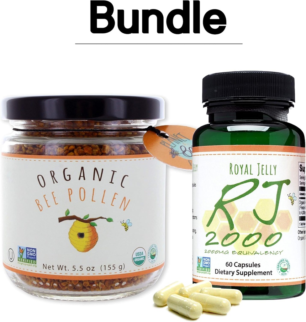 Greenbow Organic Bee Pollen - 100% USDA Sertifikasi Organik, Murni, Biara Lebah Alam - Superfood Dikemas dengan Protein, Vitamin & Mineral - 155g Royal Jelly 2000mg 60 caps