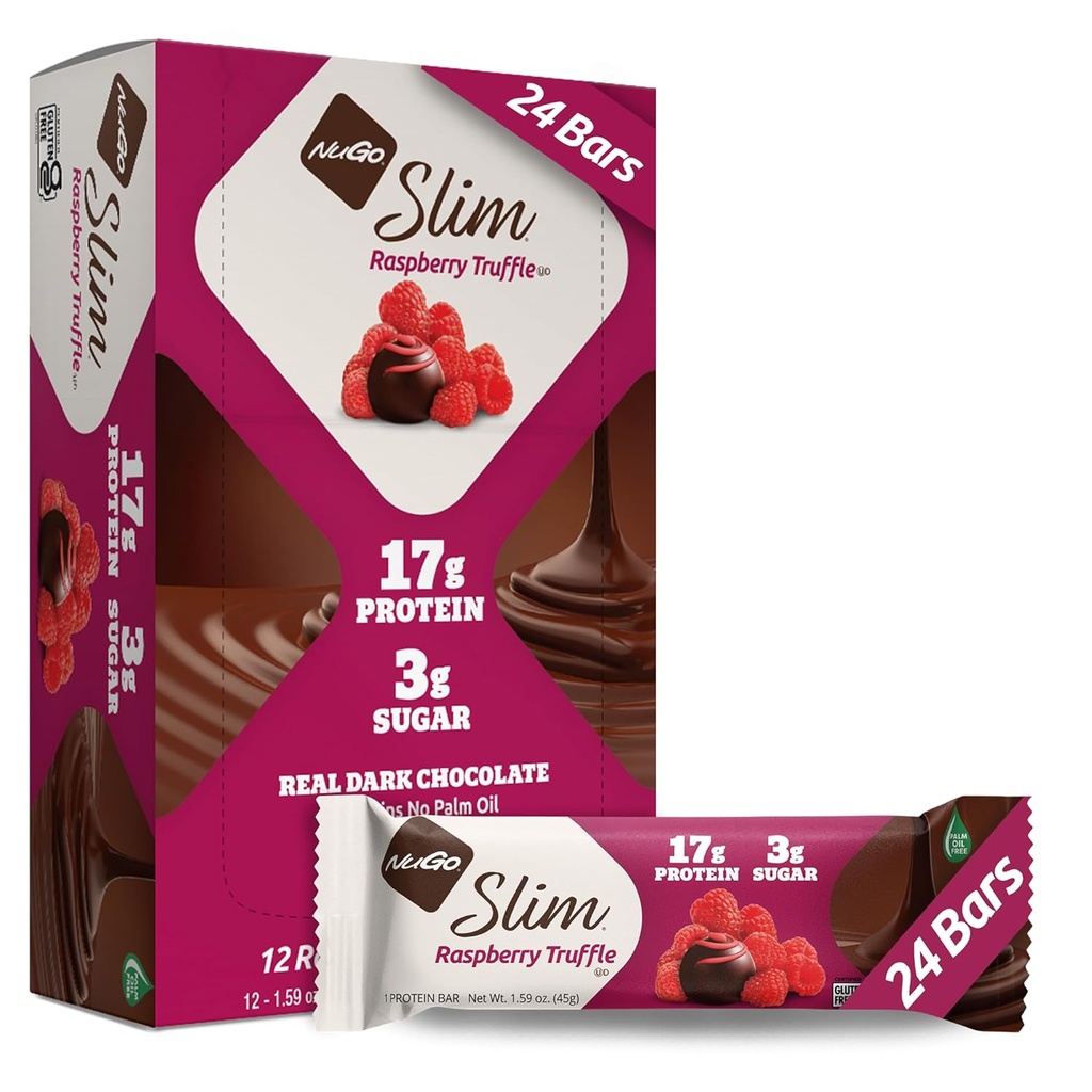 Cokelat gelap NuGo Raspberry Truffle, 17g Protein, 2g Sugar, 7g Fiber, Low Net Carb, Keto Friendly, Gluten Free, 24 Count