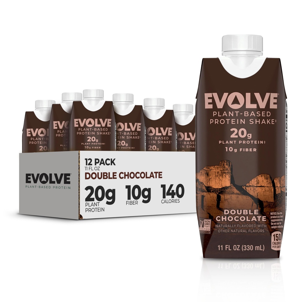Evolve Plant Based Protein Shake, Coklat Ganda, 20 g Vegan Protein, Dairy Free, No Artificial Sweeteners, Non-GMO, 10g Fiber, 11 Fl Oz (Paket 12) - (Formula May Vary)