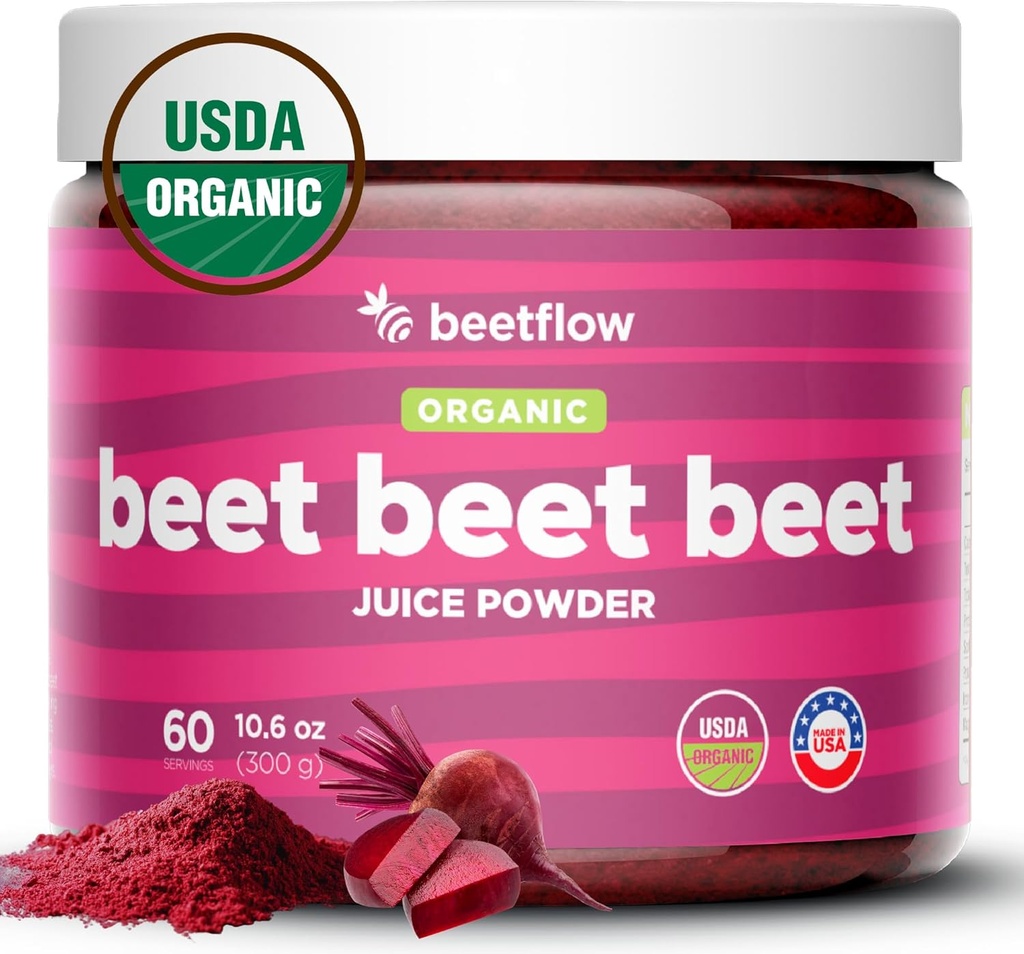 Beet Beet Premium Nitric Oxide Booster & Pre Workout Superfood - Mendukung Circulation, Heart Health, & Stamina - USA Grown Beet Root Pounder, USDA Organik (60 Servings)