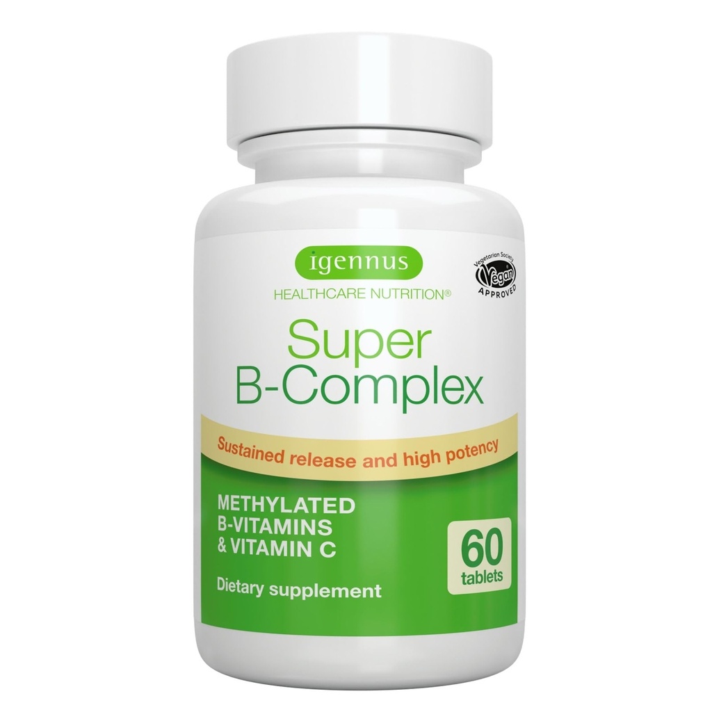 Igennus Super B-Complex Methylated B Vitamin - Melanjutkan Pelepasan, Clean Label & High Absorpsi, dengan 5-MTHF Folate & Metil B12, Energi, Performance Kognitive, Lab Verifikasi, 60 Small Tablet