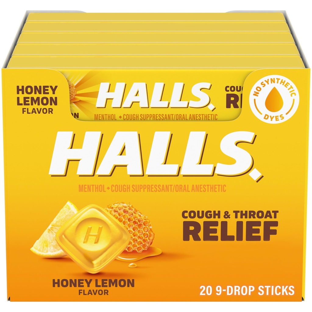 HalLS Batuk dan Tenggorokan Relief Honey Lemon Cough Drops, 20 Tongkat 9 (180 Total Drops)