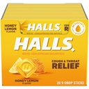 HalLS Batuk dan Tenggorokan Relief Honey Lemon Cough Drops, 20 Tongkat 9 (180 Total Drops)